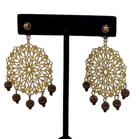 Gold Filigree Statement Earrings with Bead Drops - Picture 5 of 7